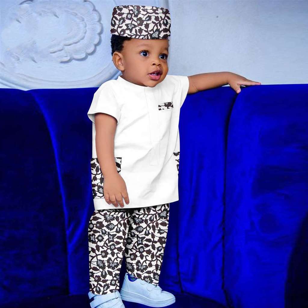 Boy Outfit Print Short Sleeve Top and Pant Hat 3 Pieces Muslim Sets