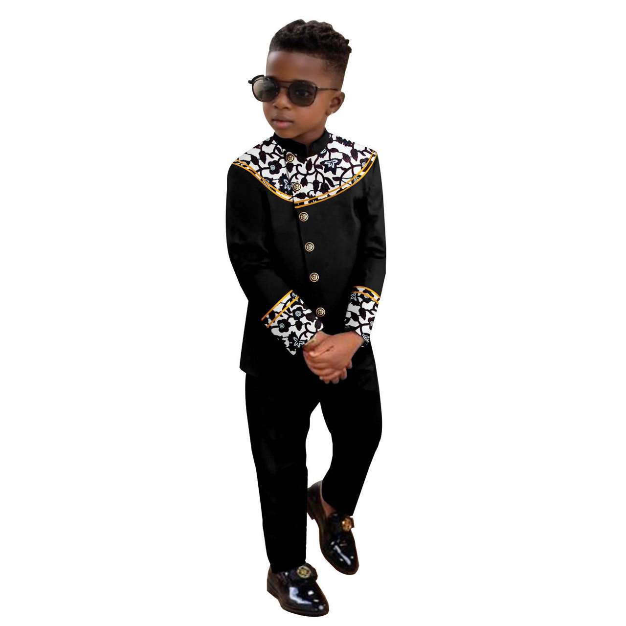 Boy Suits Dashiki Stand Jacket Button Bright Silk Top and Pant Sets