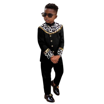 Boy Suits Dashiki Stand Jacket Button Bright Silk Top and Pant Sets