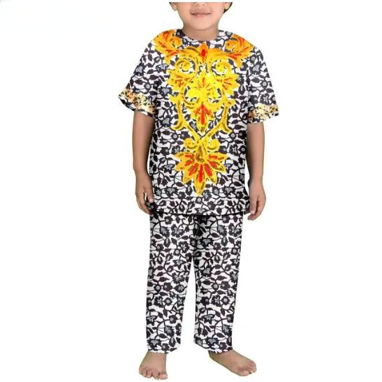 Boys Outfits Dashiki Cotton Ankara Print Top Shirt and Pants Sets