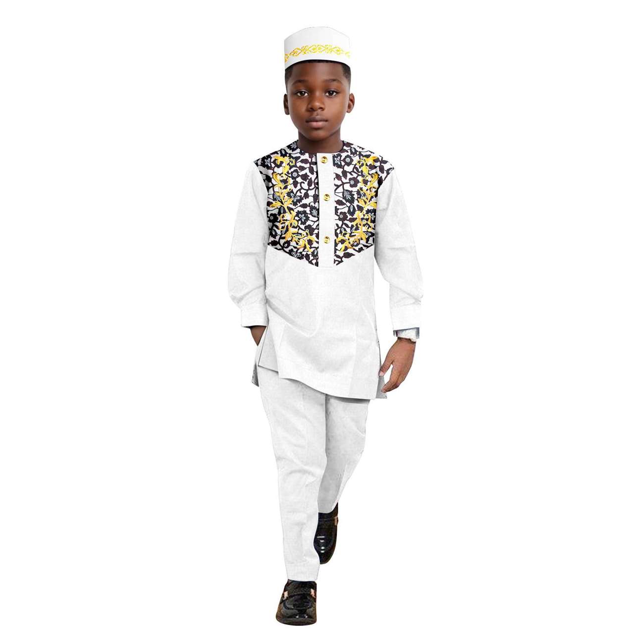 African Clothes for Boys Outfits Print Appliques Shirt and Pant Sets