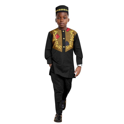 African Clothes for Boys Outfits Print Appliques Shirt and Pant Sets