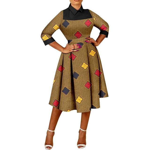 African Dresses Ankara Casual A-line Midi Print Party Wedding