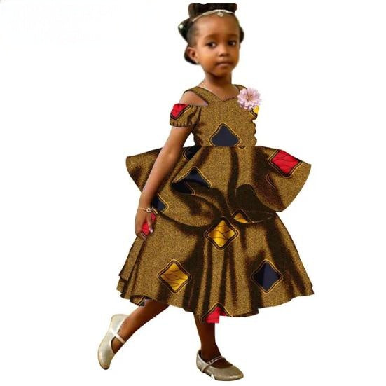 Girls African Clothes Ankara Print Double Layer Ruffles Dresses