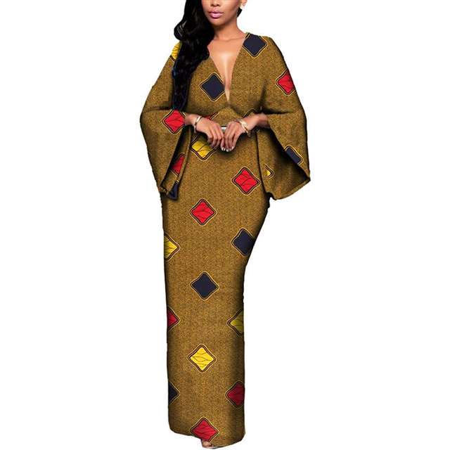 Women African Dresses V-Neck Maxi Dress Ankara Print Party Attire