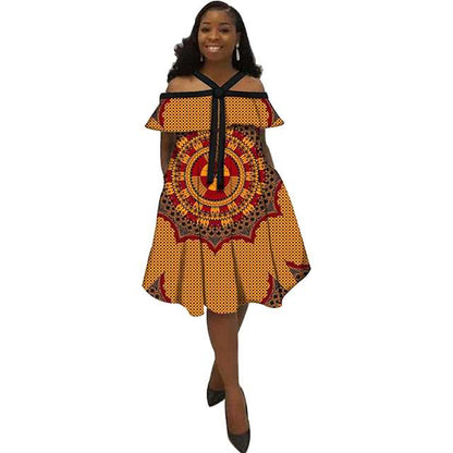 African Dress Ankara Print Ethnic Halter Dresses with Bow Tie