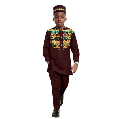 African Clothes for Boys Outfits Print Appliques Shirt and Pant Sets