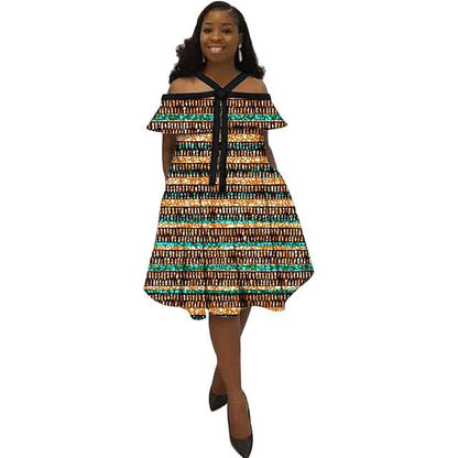 African Dress Ankara Print Ethnic Halter Dresses with Bow Tie