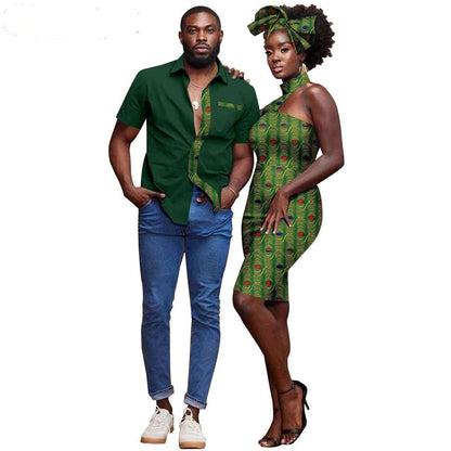 Couple African Clothes Dresses Headwrap Match Men Shirts CC023-3