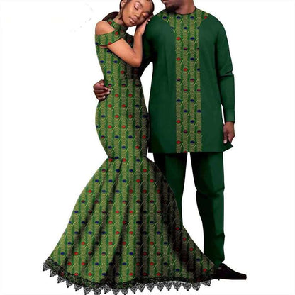 Ankara Print Lace Long Mermaid Dresses Match Men Outfits CC076