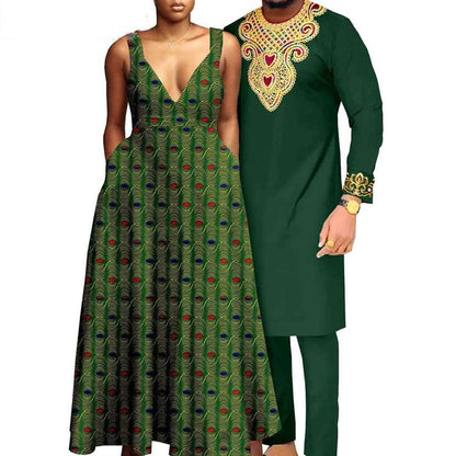 African Print Dresses for Women Match Men Sets CC071