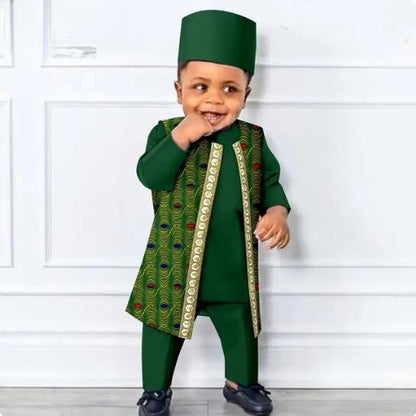 African Clothes Outfits Print Vest Tee Pant Cap for Kids