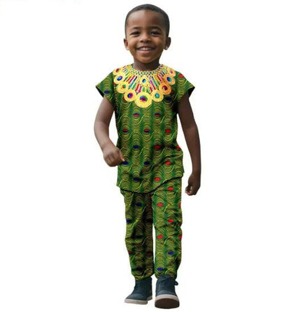 African Clothes for boys Print Top Tee and Pant Sets