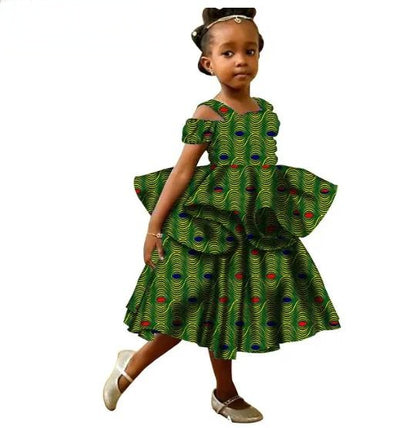 Girls African Clothes Ankara Print Double Layer Ruffles Dresses