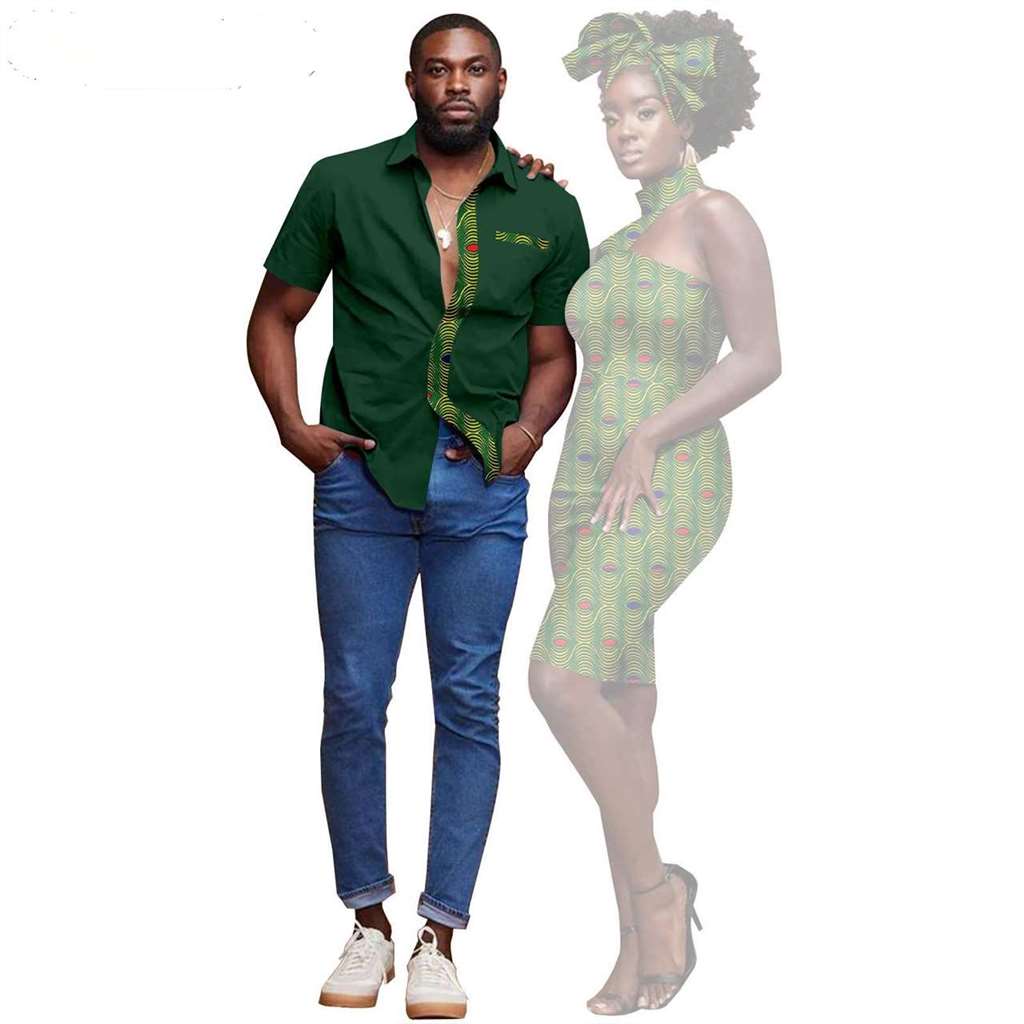 Couple African Clothes Dresses Headwrap Match Men Shirts CC023-3