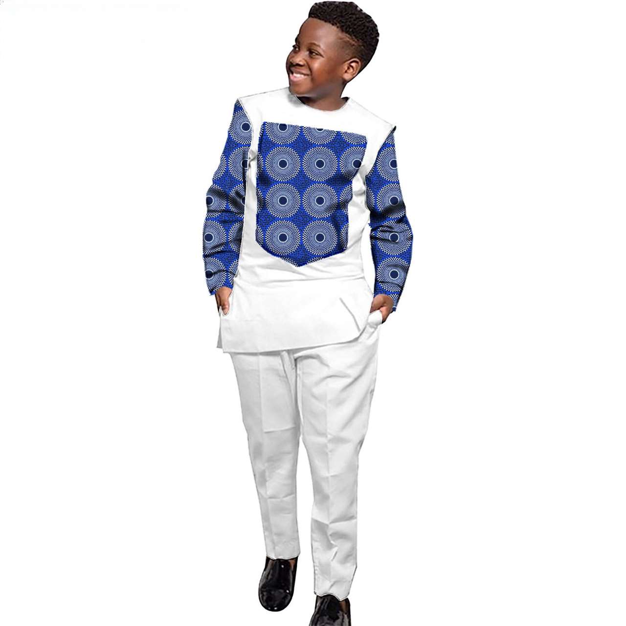 Boys Outfits Print Patchwork Long Sleeve Top and Pants Ankara Suits