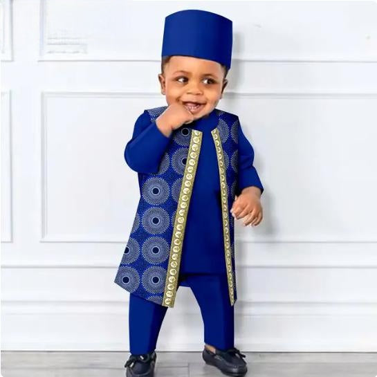 African Clothes Outfits Print Vest Tee Pant Cap for Kids