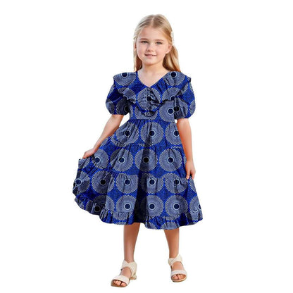 Girls Ankara Print Double Ruffles Collar Dresses Party Dresses