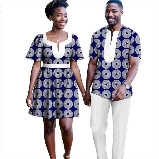 African Matching Outfit for Couples Print Mini Dresses Men Sets