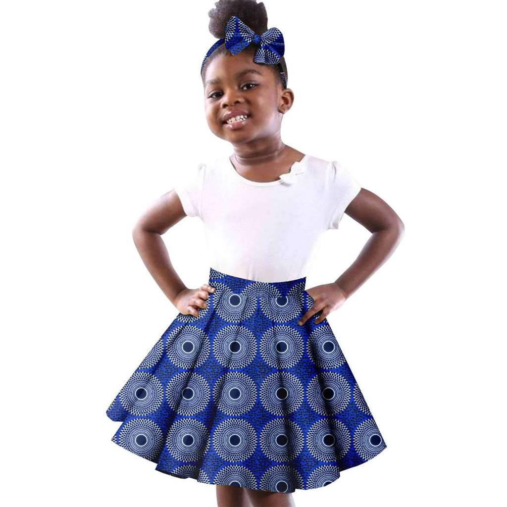 Girls White Top Tee and Print Skirts Sets Matching Bow tie Head wrap