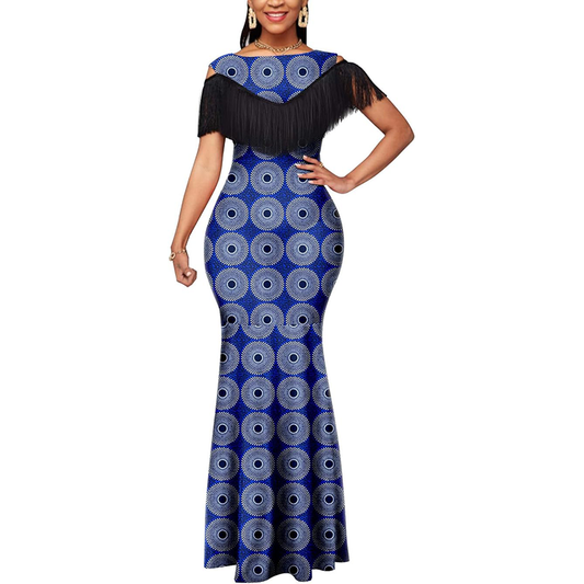 African Dresses Tassel Short Sleeve Off Shoulder Maxi Dress