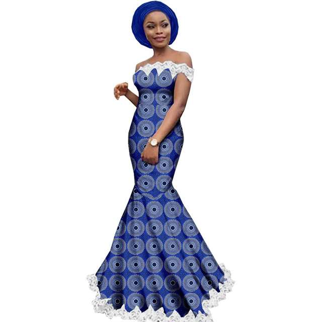 Women Ankara Strapless Lace Party Dress with Head Wrap