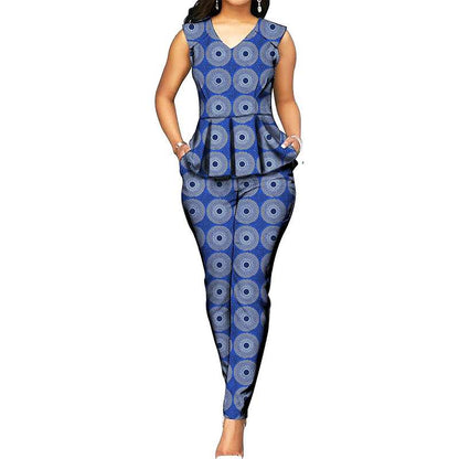 African Clothes Print Sleeveless Tops Blouse and Ankara Pants