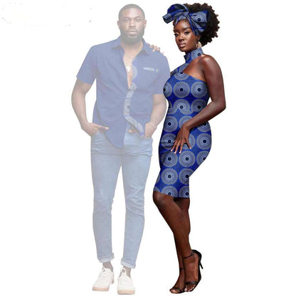 Couple African Clothes Dresses Headwrap Match Men Shirts CC023-4