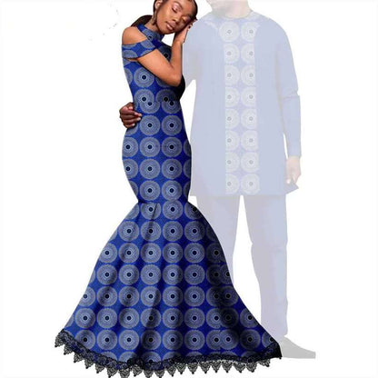 Ankara Print Lace Long Mermaid Dresses Match Men Outfits CC076