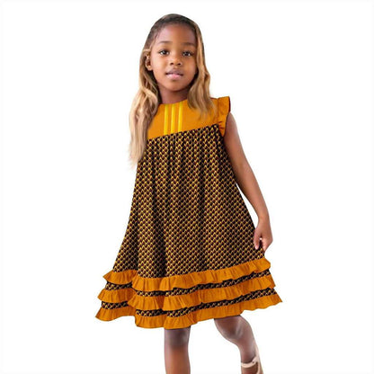 African Clothes Ankara Print A-line Dresses Sleeveless Ruffles Dress