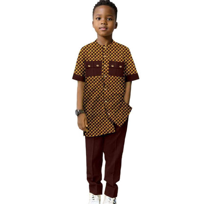 Dashiki Boys Outfits Casual Print Button Top Shirt and Pant Sets