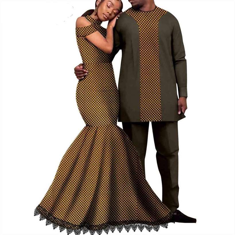 Ankara Print Lace Long Mermaid Dresses Match Men Outfits CC076