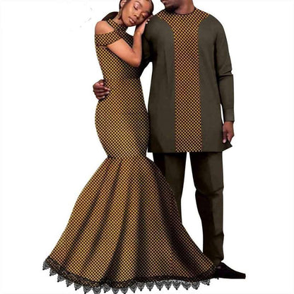 Ankara Print Lace Long Mermaid Dresses Match Men Outfits CC076