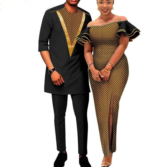 African Couple Outfits Women Sleeve Fit Dresses Match Men Sets CC019-3