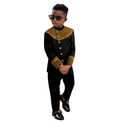 Boy Suits Dashiki Stand Jacket Button Bright Silk Top and Pant Sets