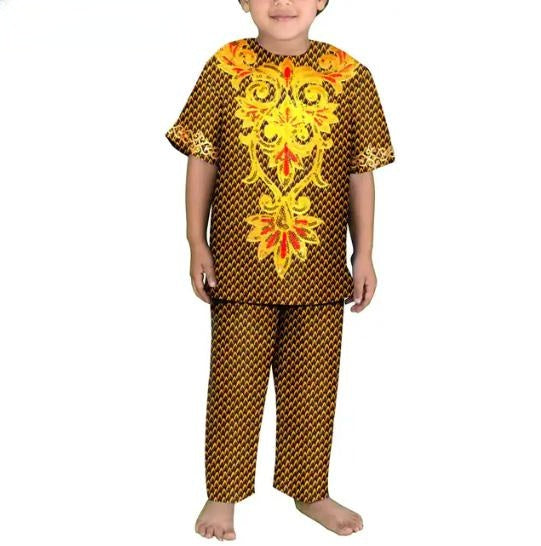 Boys Outfits Dashiki Cotton Ankara Print Top Shirt and Pants Sets