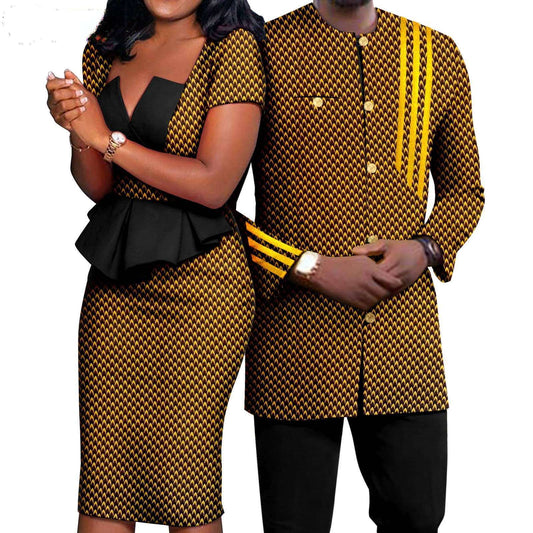 Couple Clothes African Print Hip Women Dresses Men Sets CC032-2