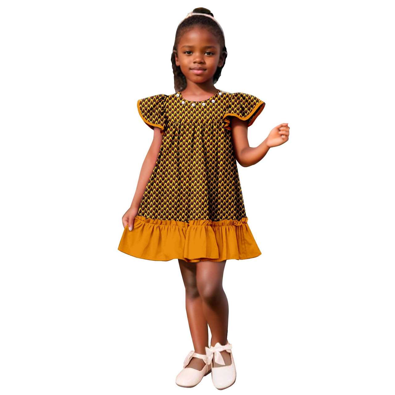 Girls Ankara Print A-line Dresses Ruffle Puff Sleeve Dress KID078