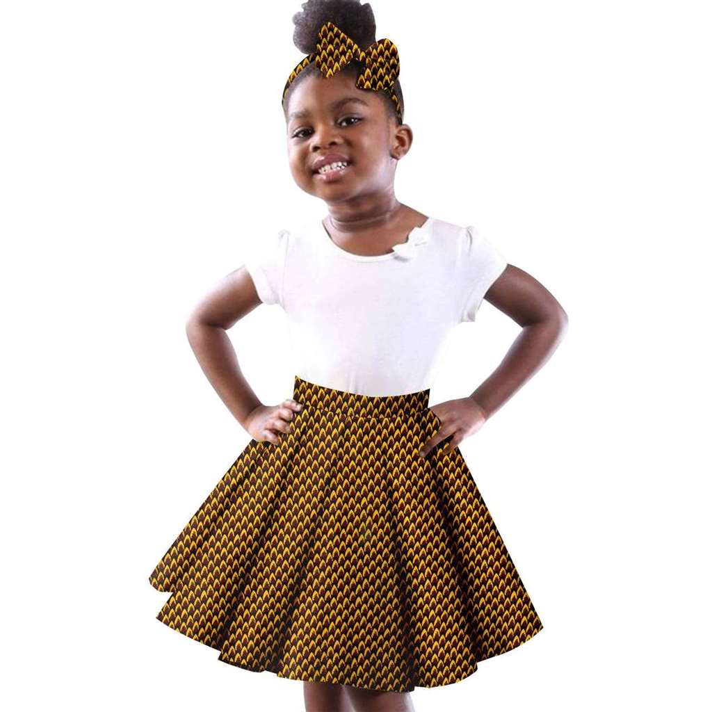 Girls White Top Tee and Print Skirts Sets Matching Bow tie Head wrap