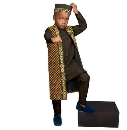 Kids African Clothes Print Top and Pant Sets Match Cap