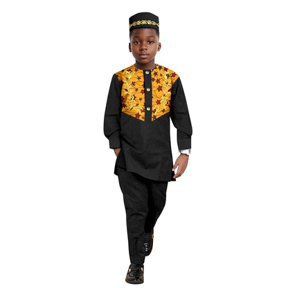 African Clothes for Boys Outfits Print Appliques Shirt and Pant Sets