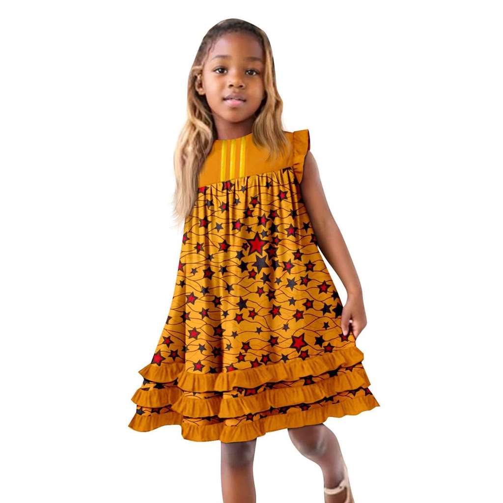 African Clothes Ankara Print A-line Dresses Sleeveless Ruffles Dress