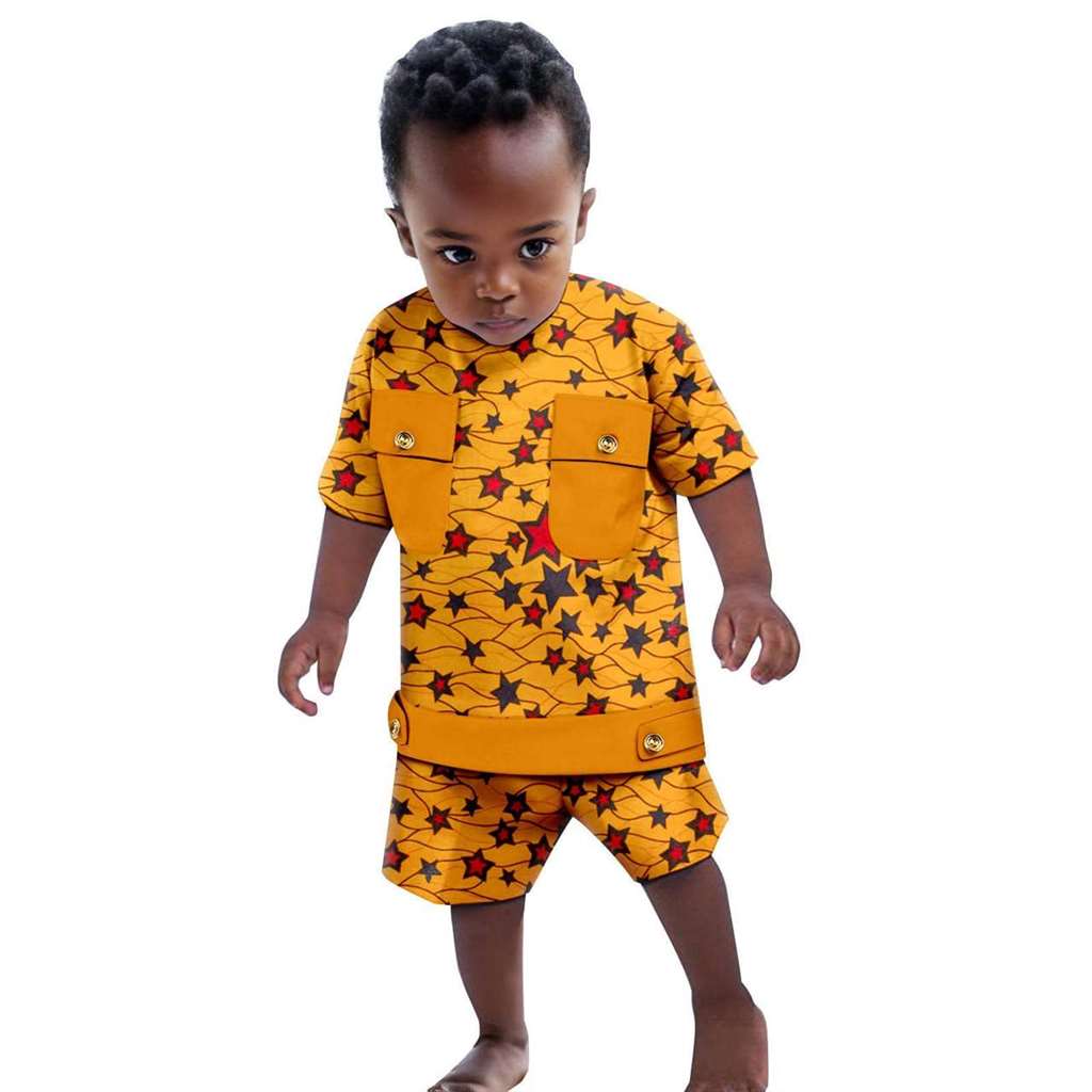 Boys Outfits Dashiki Summer Cotton Print Top and Pant Sets