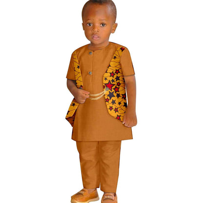 Boy Summer Print False Two-piece Suit Top and Pant Sets KID077