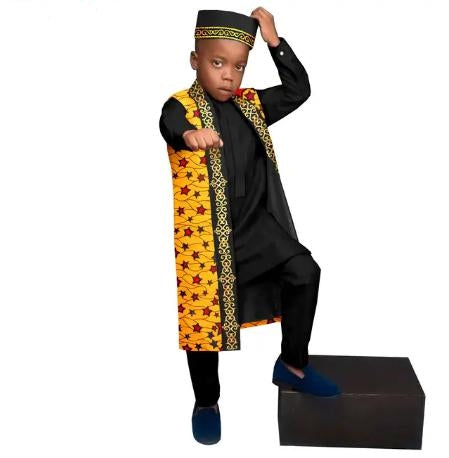 Kids African Clothes Print Top and Pant Sets Match Cap