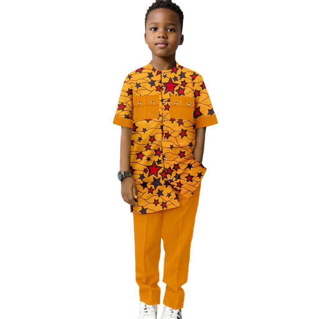 Dashiki Boys Outfits Casual Print Button Top Shirt and Pant Sets