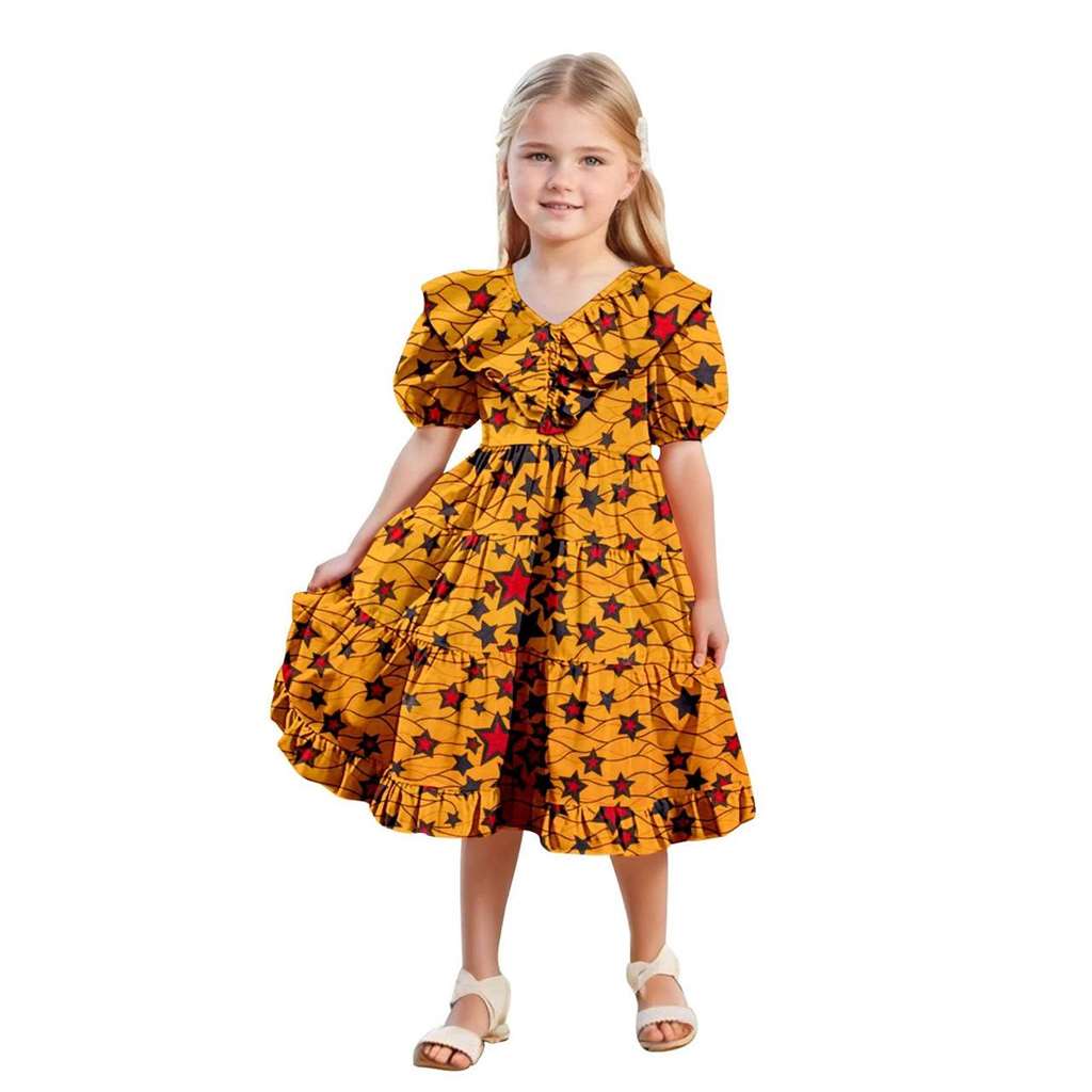 Girls Ankara Print Double Ruffles Collar Dresses Party Dresses