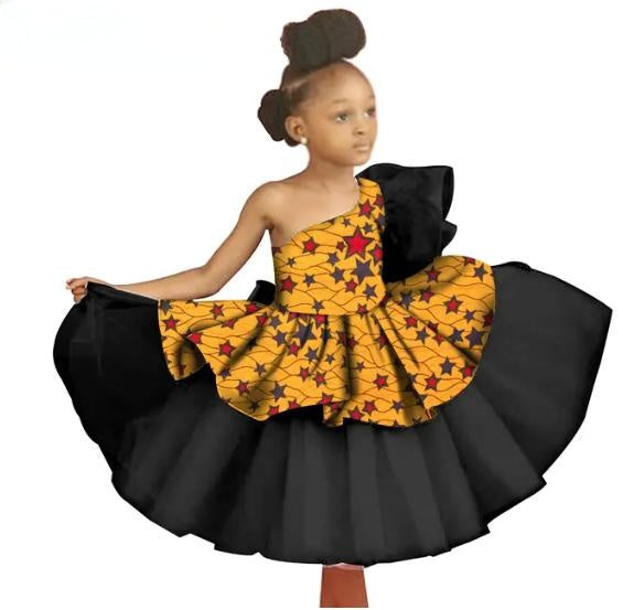 Kids African Clothes Ankara Print Voile Dresses Party