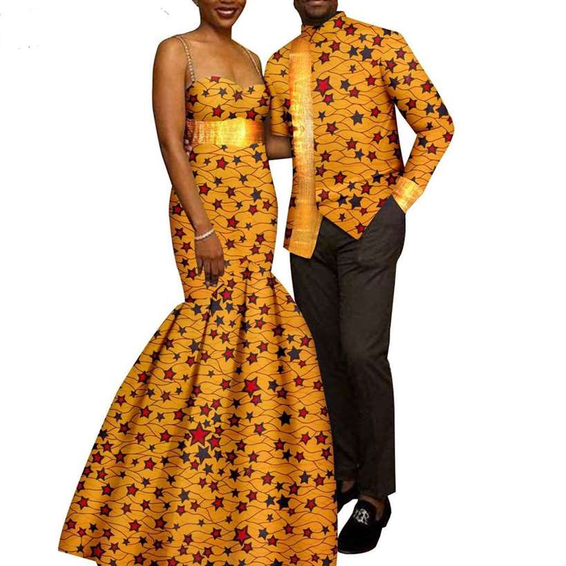 African Mermaid Print Dresses Match Men suits Sets CC049