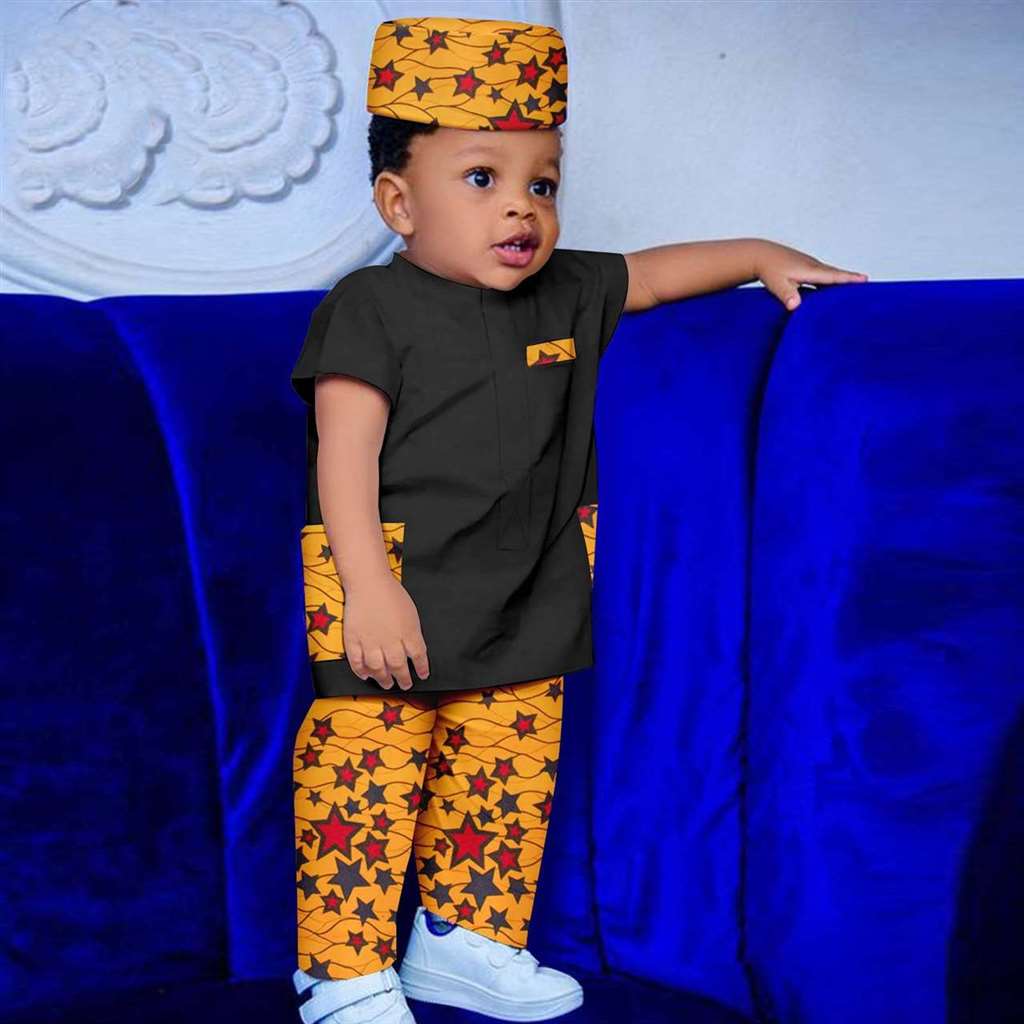 Boy Outfit Print Short Sleeve Top and Pant Hat 3 Pieces Muslim Sets